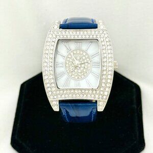 Gossip Womens Silver-Tone Crystal Watch With Blue Leather Strap New Battery